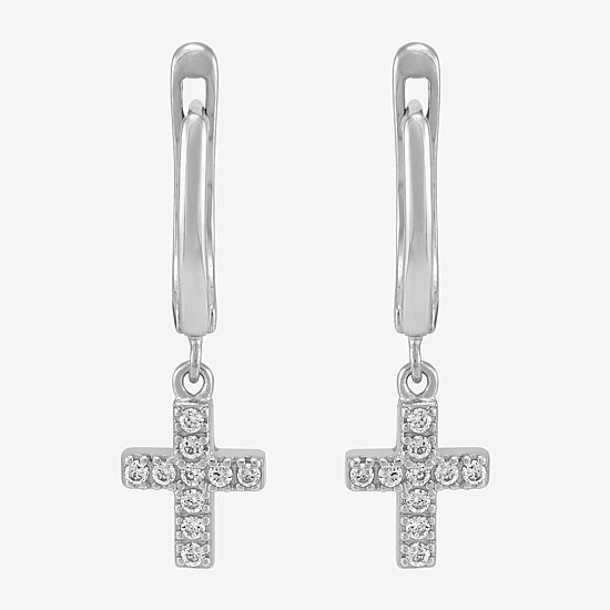 Diamonart Cross Womens Lab Created White Cubic Zirconia Sterling Silver Cross Drop Earrings