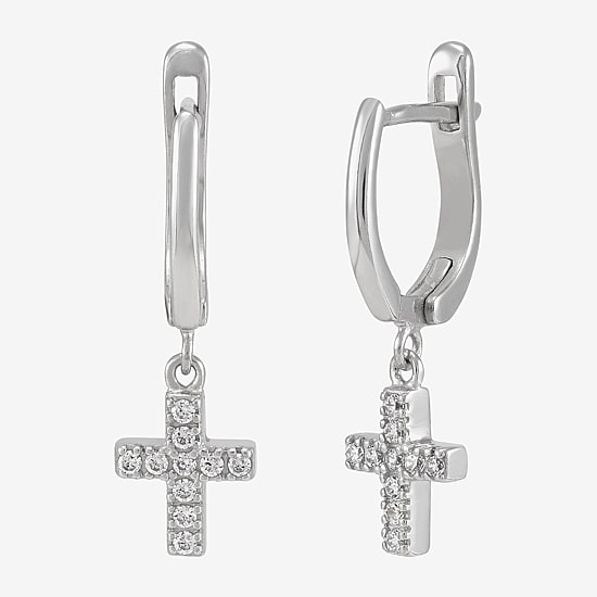 Diamonart Cross Womens Lab Created White Cubic Zirconia Sterling Silver Cross Drop Earrings