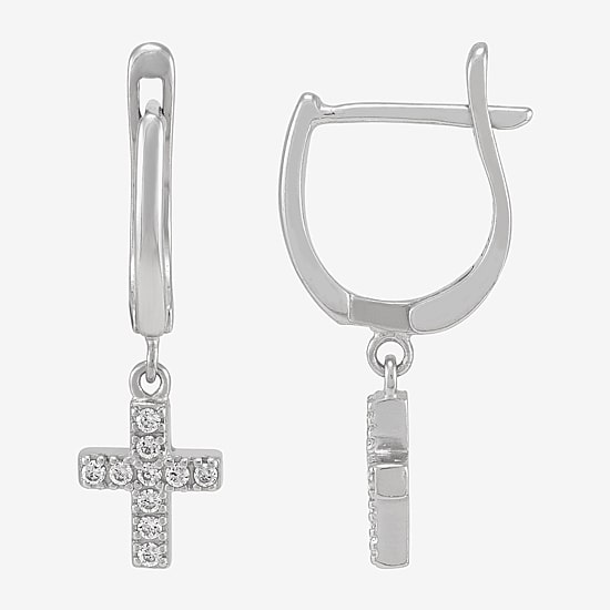 Diamonart Cross Womens Lab Created White Cubic Zirconia Sterling Silver Cross Drop Earrings