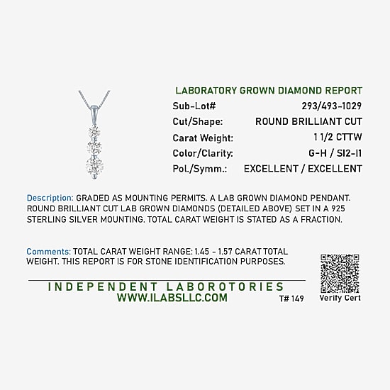 (G-H/Si2-I1) Womens 1 1/2 CT. T.W. Lab Grown White Diamond Sterling Silver 18 Inch Pendant Necklace