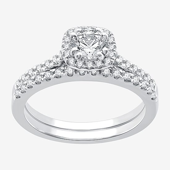 I Said Yes (H-I / I1) Womens 1 CT. T.W. Lab Grown White Diamond Sterling Silver Cushion Side Stone Halo Bridal Set