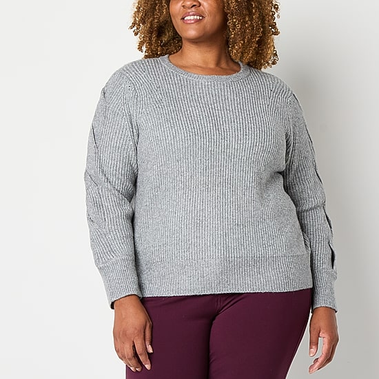 Liz Claiborne Plus Womens Crew Neck Long Sleeve Pullover Sweater