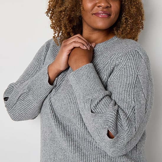 Liz Claiborne Plus Womens Crew Neck Long Sleeve Pullover Sweater