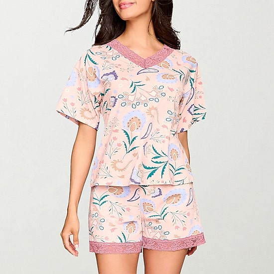 Ilusion Womens Round Neck Short Sleeve 2-pc. Pajama Set