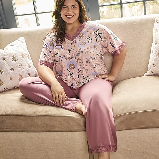 Ilusion Womens Round Neck Short Sleeve 2-pc. Pajama Set