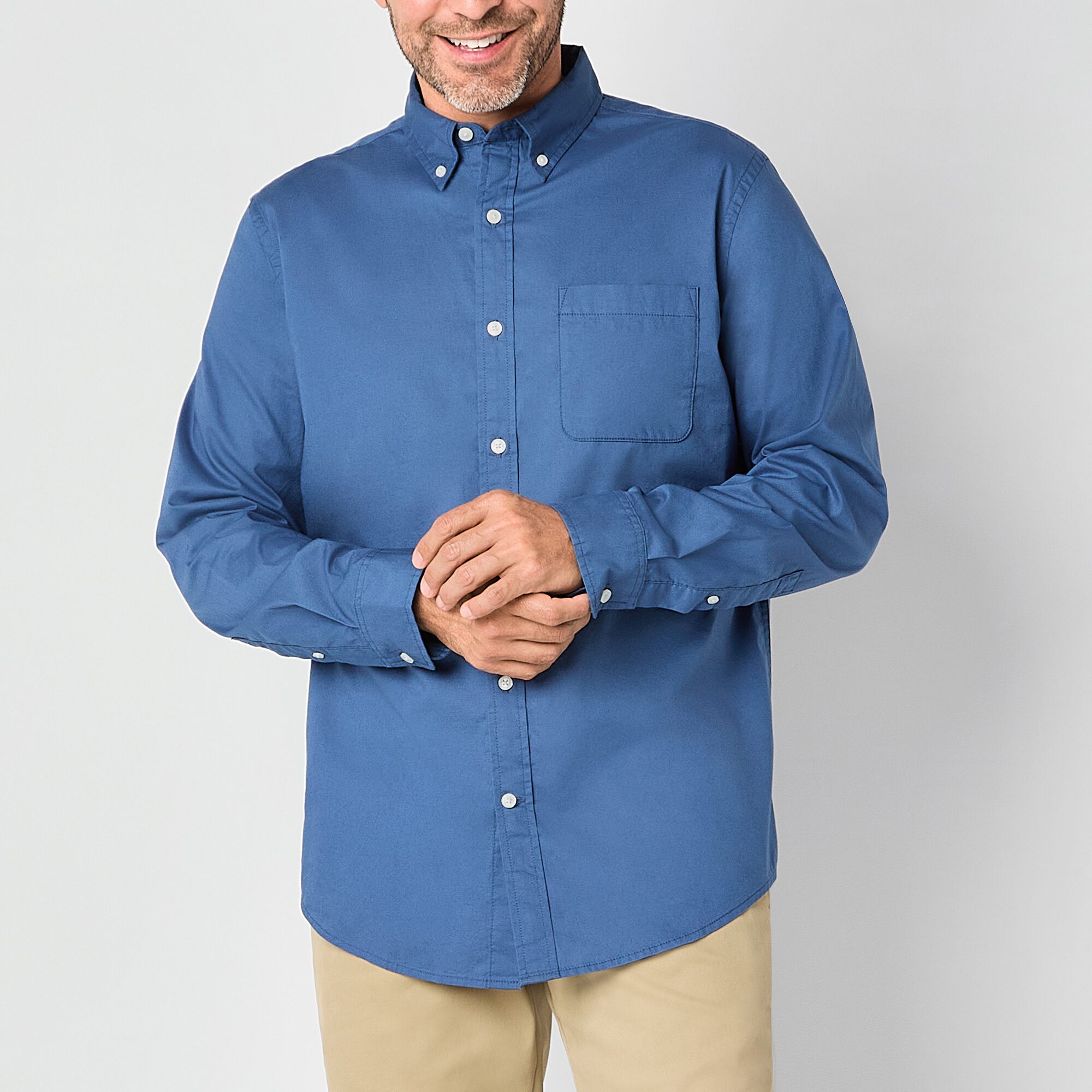 St. John's Bay Stretch Poplin Mens Long Sleeve Classic Fit Button-Down Shirt