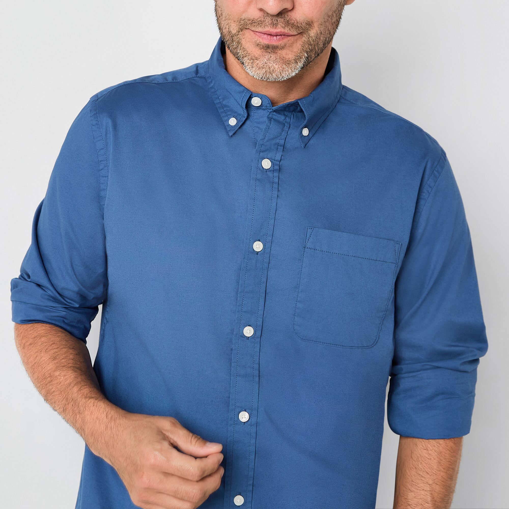 St. John's Bay Stretch Poplin Mens Long Sleeve Classic Fit Button-Down Shirt