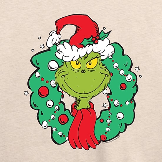 Grinch Wreath Womens Round Neck Long Sleeve Regular Fit Grinch Graphic T-Shirt