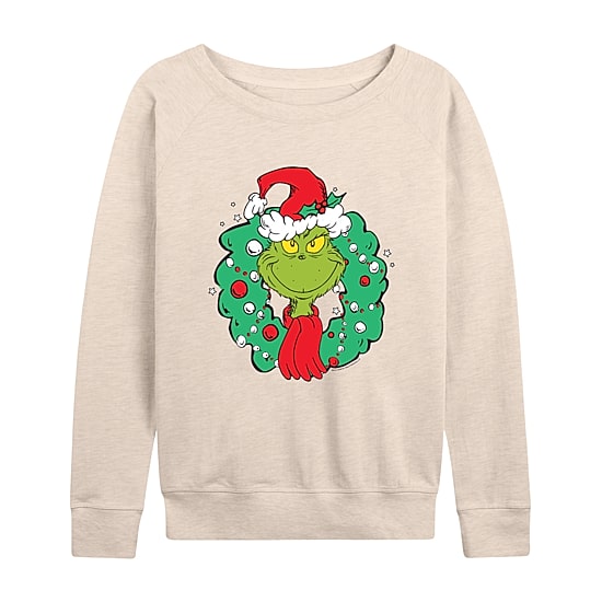 Grinch Wreath Womens Round Neck Long Sleeve Regular Fit Grinch Graphic T-Shirt