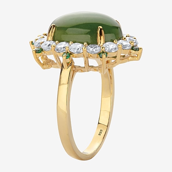 Womens Genuine Green Jade 18K Gold Over Silver Cocktail Ring