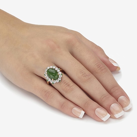 Womens Genuine Green Jade 18K Gold Over Silver Cocktail Ring