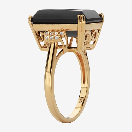 Womens Genuine Black Onyx 18K Gold Over Silver Cocktail Ring