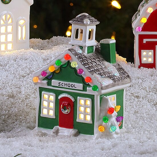 Lighted Ceramic Christmas Village School Tabletop Decor