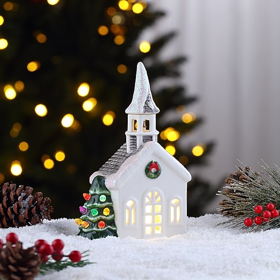 Lighted Ceramic Christmas Village Church Tabletop Decor