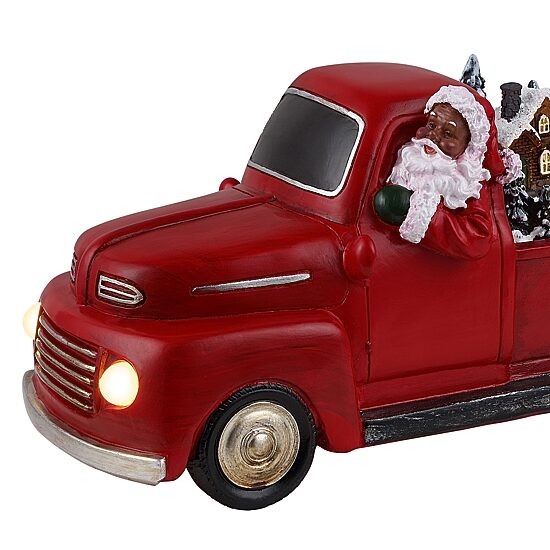 African American Santa In Red Truck Animated Figurine