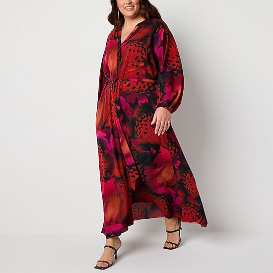 Premier Amour Womens Plus Split Crew Neck Long Sleeve Puffed Maxi Dress