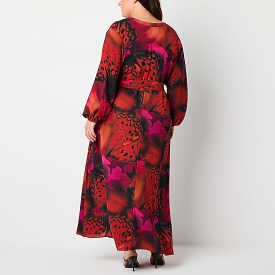 Premier Amour Womens Plus Split Crew Neck Long Sleeve Puffed Maxi Dress