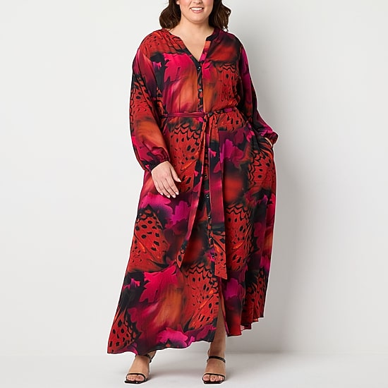 Premier Amour Womens Plus Split Crew Neck Long Sleeve Puffed Maxi Dress