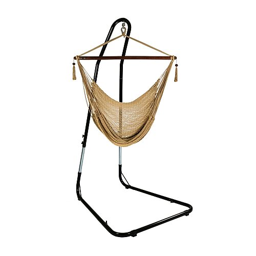 Sunnydaze Decor Caribbean Style Extra Large Hanging Rope Hammock Chair Swing with Stand - 300 lb Weight Capacity - Tan