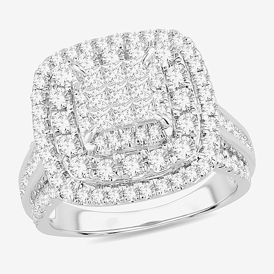 Womens 2 CT. T.W. Natural White Diamond 10K Gold Cushion Side Stone Halo Engagement Ring