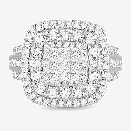 Womens 2 CT. T.W. Natural White Diamond 10K Gold Cushion Side Stone Halo Engagement Ring