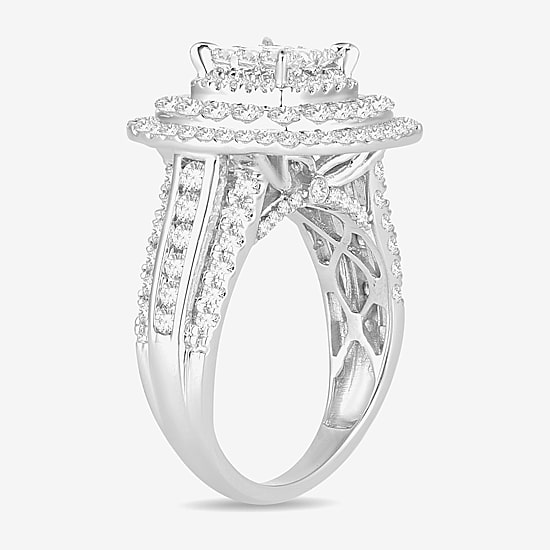 Womens 2 CT. T.W. Natural White Diamond 10K Gold Cushion Side Stone Halo Engagement Ring