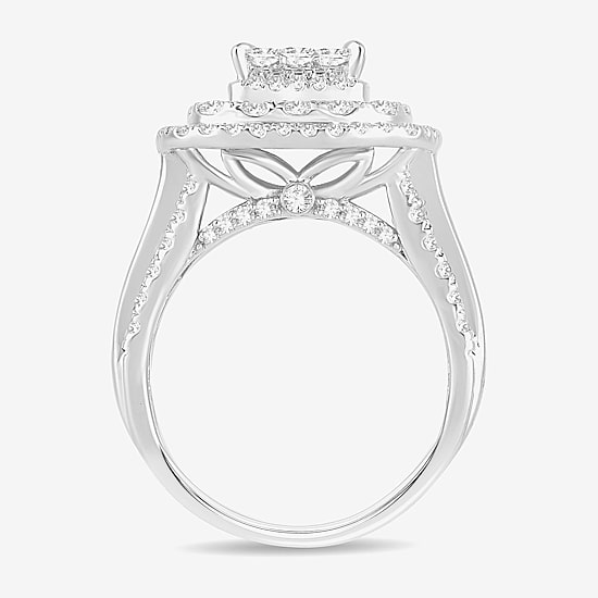 Womens 2 CT. T.W. Natural White Diamond 10K Gold Cushion Side Stone Halo Engagement Ring