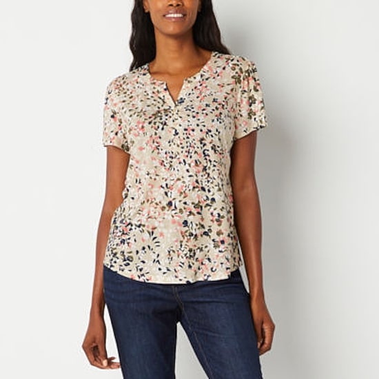 Liz Claiborne Womens Split Crew Neck Short Sleeve T-Shirt
