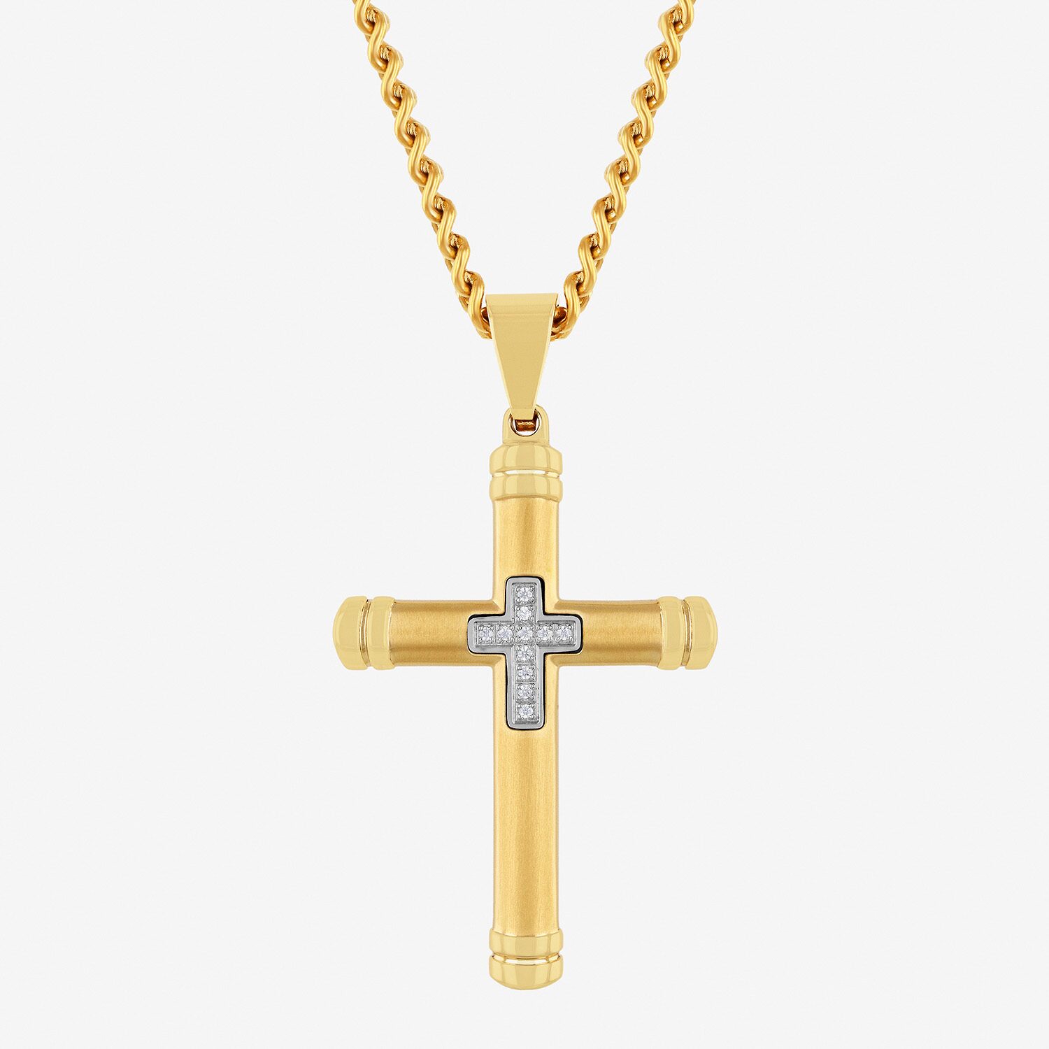 Mens Genuine White Diamond Stainless Steel Cross Rectangular Pendant
