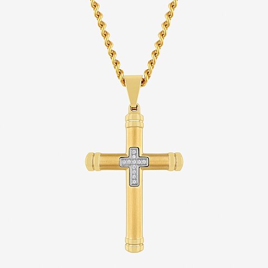 Mens Genuine White Diamond Stainless Steel Cross Rectangular Pendant