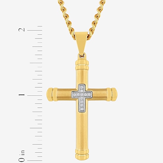 Mens Genuine White Diamond Stainless Steel Cross Rectangular Pendant