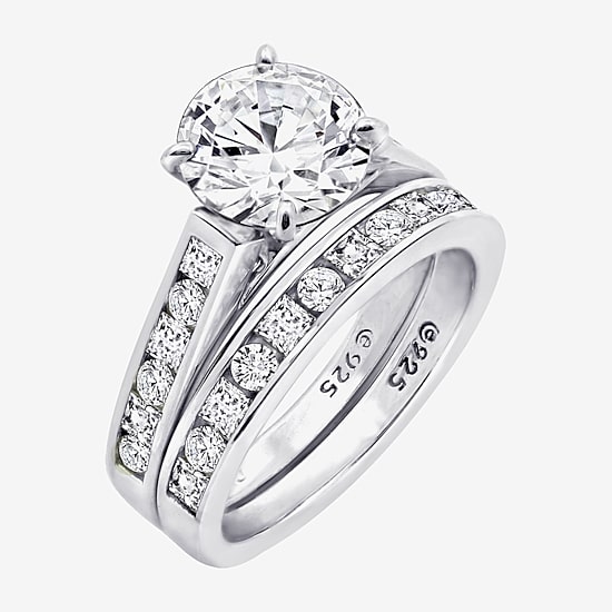Diamonart Womens Cubic Zirconia Sterling Silver Round Side Stone Engagement Ring
