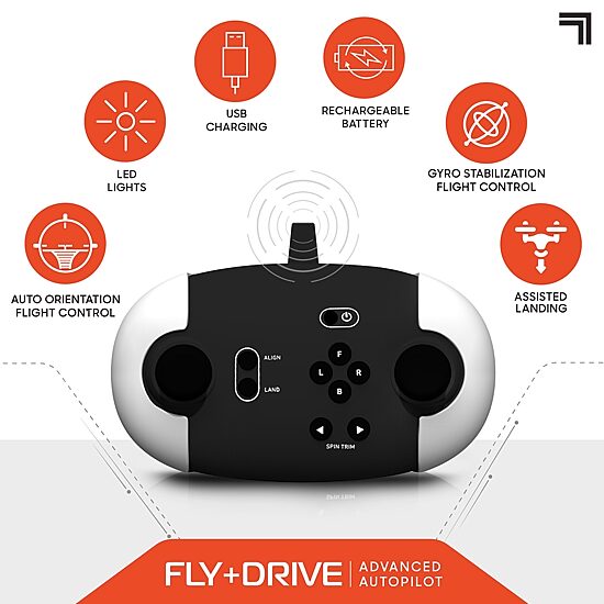 Sharper Image Toy 7" Fly+Drive Drone Remote Control Dual-Function Vehicle