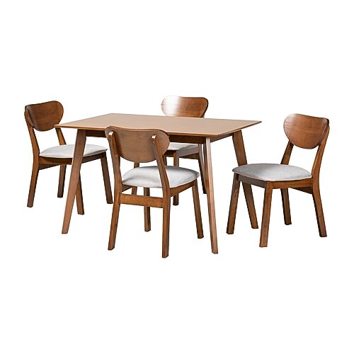 RH367C-Grey-Walnut-5PC Dining Set Baxton Studio Damara Mid-Century Modern Grey Fabric Upholstered & Walnut Brown Finished Wood Dining Set - 5 Piece