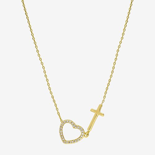 Sparkle Allure Womens Cubic Zirconia 14K Gold Over Brass Cross Heart 16 Inch Pendant Necklace, One Size