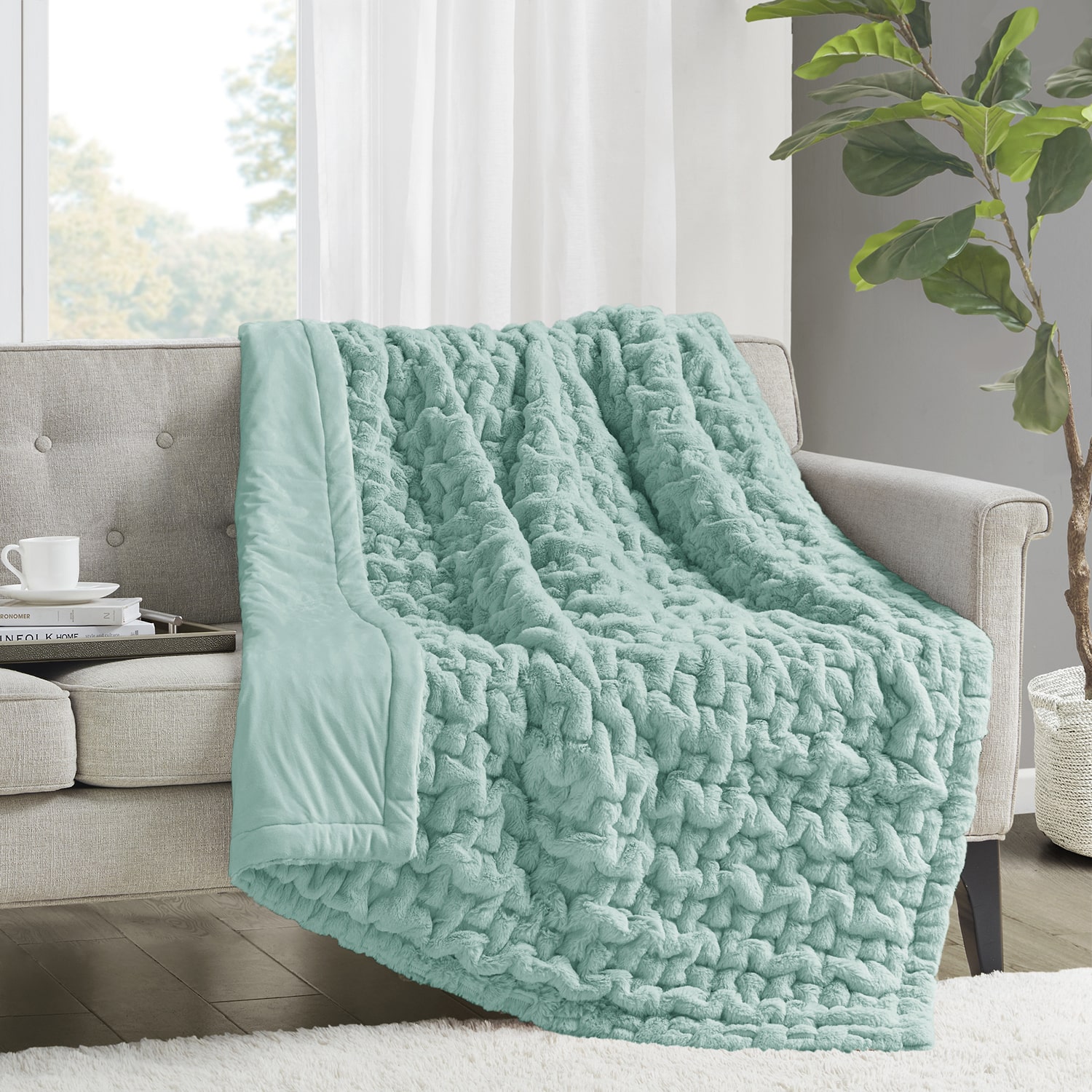 Madison Park Ruched Fur Throw