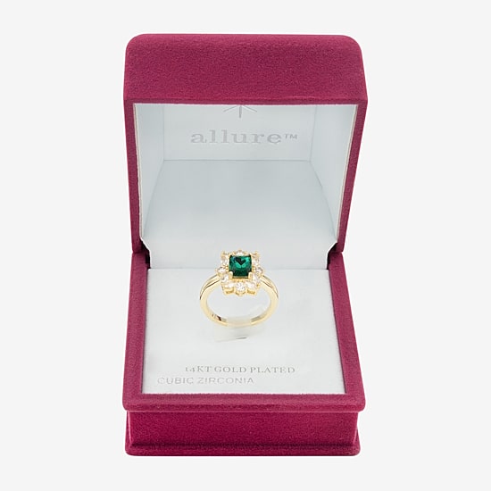 Sparkle Allure Womens Green Crystal 14K Gold Over Brass Rectangular Halo Cocktail Ring