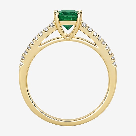 (I-J/I2-I3) Womens 1/5 CT. Genuine Green Emerald 10K Gold Side Stone Cocktail Ring