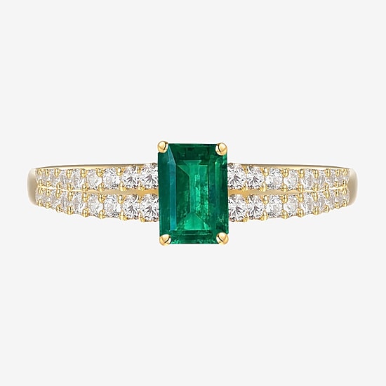 (I-J/I2-I3) Womens 1/5 CT. Genuine Green Emerald 10K Gold Side Stone Cocktail Ring