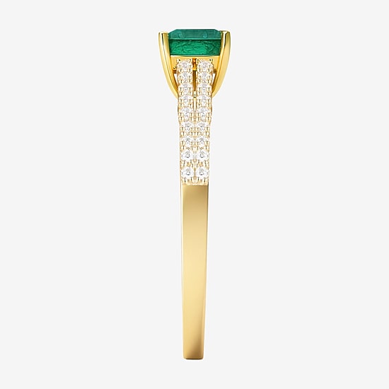 (I-J/I2-I3) Womens 1/5 CT. Genuine Green Emerald 10K Gold Side Stone Cocktail Ring