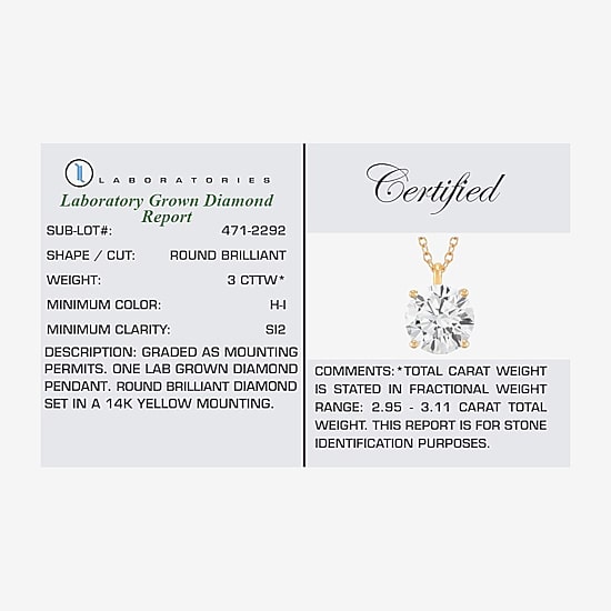 Womens 3 CT. Lab Grown White Diamond 14K Gold Round 18 Inch Pendant Necklace