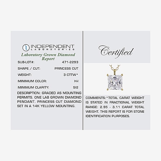 ( H-I/SI2 ) Womens 3 CT. T.W. Lab Grown White Diamond 14K Gold 18 Inch Princess Pendant Necklace