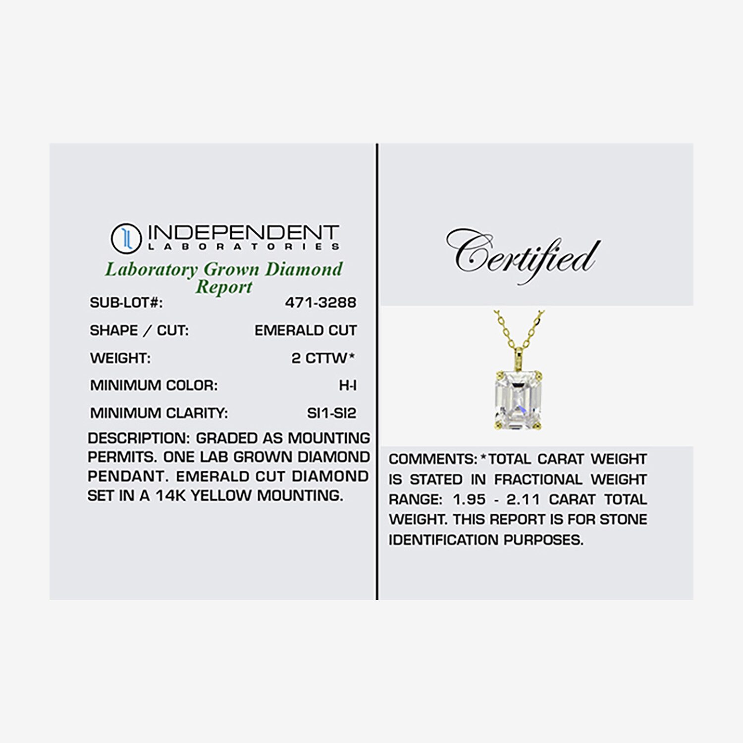 ( H-I/Si1-Si2 ) 2 CT. Lab-Grown Diamond 14K Gold Emerald 18 Inch Pendant Necklace