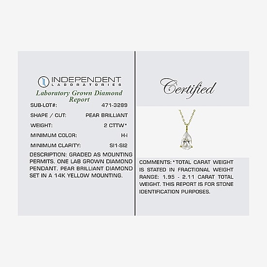 ( H-I/Si1-Si2 ) 2 CT.  Lab-Grown Diamond 14K Gold Pear 18 Inch Pendant Necklace