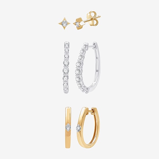 (G, Si1-Si2) Womens 1 CT. T.W. Lab Grown White Diamond 14K Gold Over Silver 3 Pair Jewelry Set