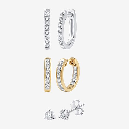 (G, Si1-Si2) Womens 1 CT. T.W. Lab Grown White Diamond 14K Gold Over Silver Sterling Silver 3 Pair Earring Set, One Size, Yellow