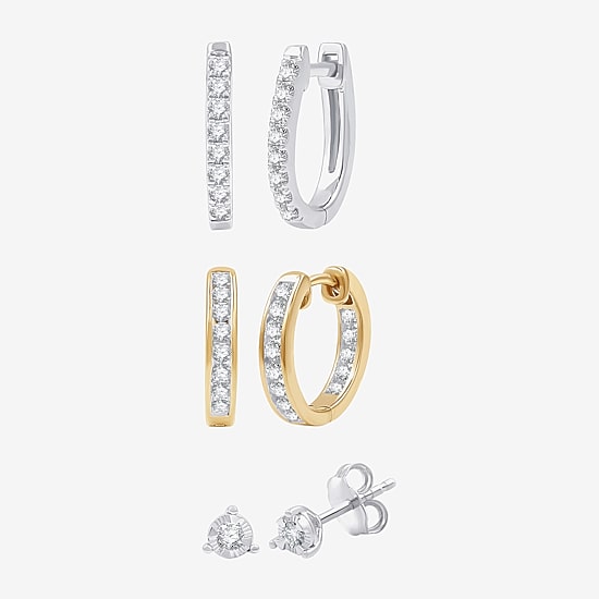 (G, Si1-Si2) Womens 1 CT. T.W. Lab Grown White Diamond 14K Gold Over Silver Sterling Silver 3 Pair Earring Set