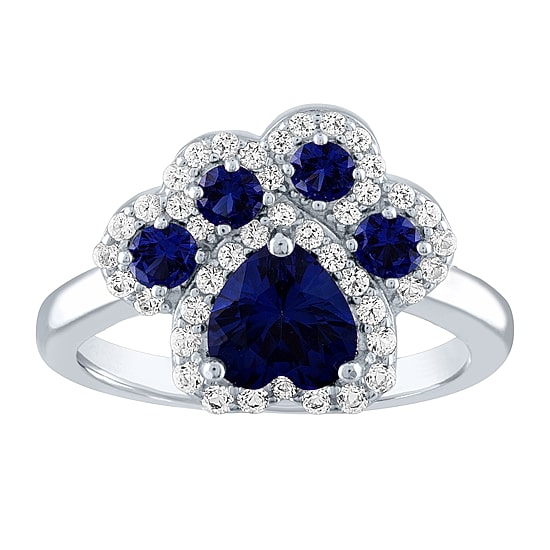 Paw Print Womens Lab Created Blue Sapphire Sterling Silver Cocktail Ring