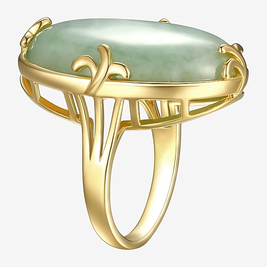 Womens Genuine Green Jade 18K Gold Over Silver Oval Cocktail Ring