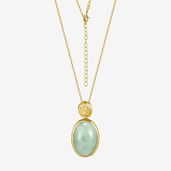 Good Fortune Womens Genuine Green Jade 18K Gold Over Silver Oval 18 Inch Pendant Necklace